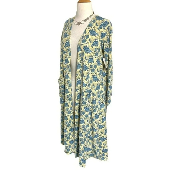 Lularoe S Sarah yellow with‎ blue floral cardigan duster with pockets - Picture 1 of 6
